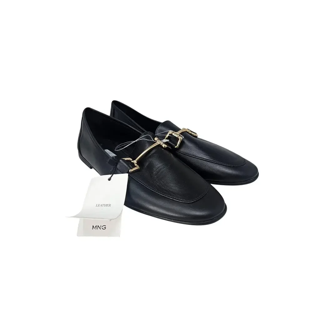 NEW Mango 40 Black Leather Loafer Flat Gold Horsebit Academia Minimalist Classic